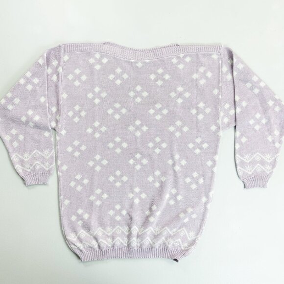 PYKETTES Vintage 80s Sweater Medium Boatneck Retro Lavender Diamond Print - Picture 6 of 8